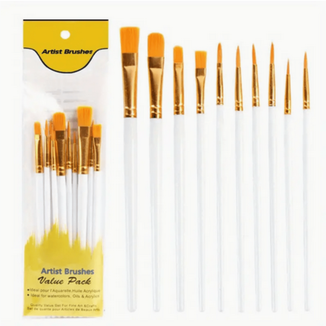 10 Pcs Artist Paintbrushes Set, Flat Head, Round Pointed, Suitable for Acrylic, Oil, and Watercolor Painting - Smart Stationery