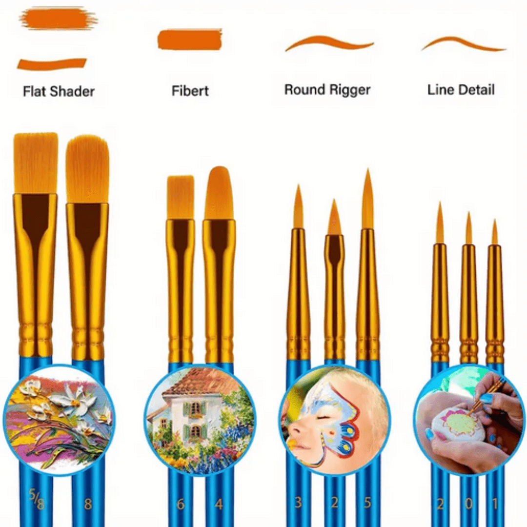 10 Pcs Artist Paintbrushes Set, Flat Head, Round Pointed, Suitable for Acrylic, Oil, and Watercolor Painting - Smart Stationery