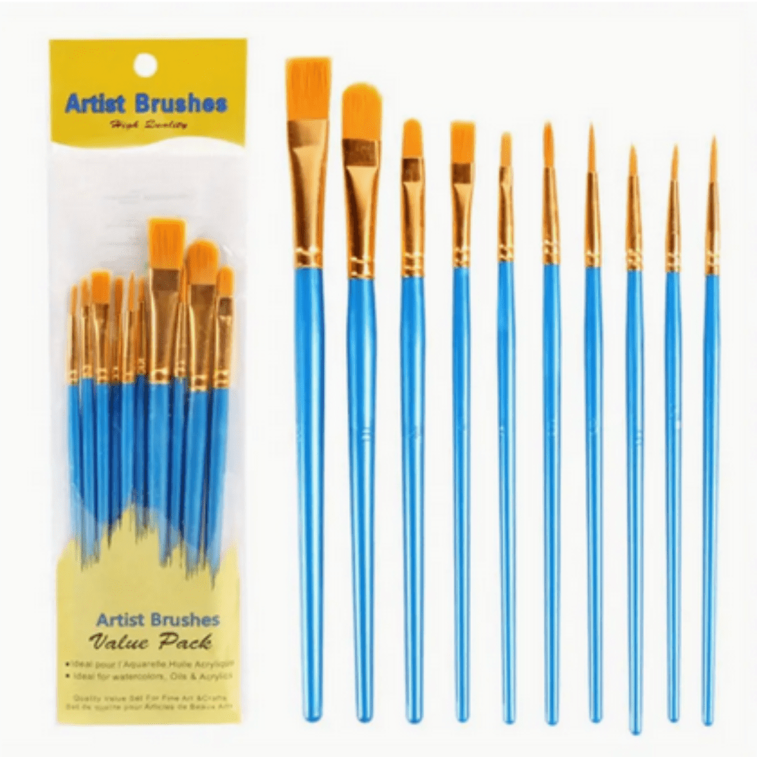 10 Pcs Artist Paintbrushes Set, Flat Head, Round Pointed, Suitable for Acrylic, Oil, and Watercolor Painting - Smart Stationery