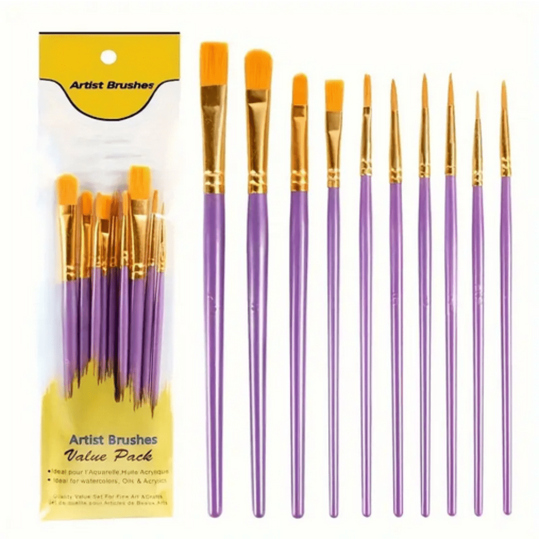 10 Pcs Artist Paintbrushes Set, Flat Head, Round Pointed, Suitable for Acrylic, Oil, and Watercolor Painting - Smart Stationery